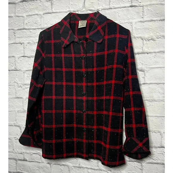 Allison Daley red and black plaid button up shirt blouse shimmery size 14. - Picture 2 of 6